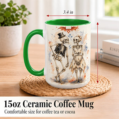 #pl[15oz|Green] Skeleton Couple Coffee Mug, Watercolor Gothic Mug, Ceramic Cup