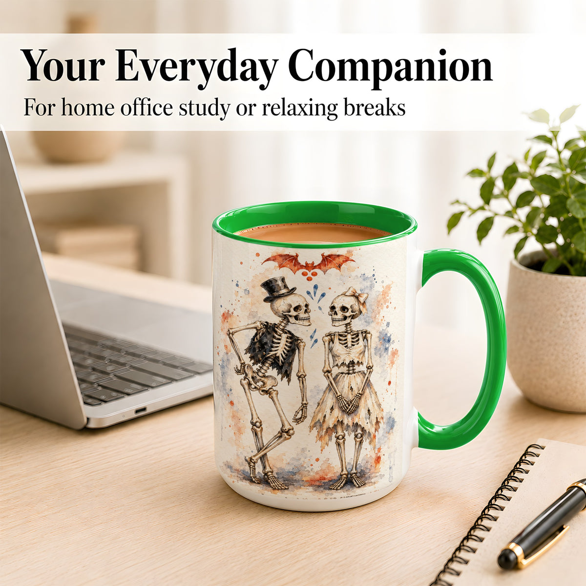 #pl[15oz|Green] Skeleton Couple Coffee Mug, Watercolor Gothic Mug, Ceramic Cup