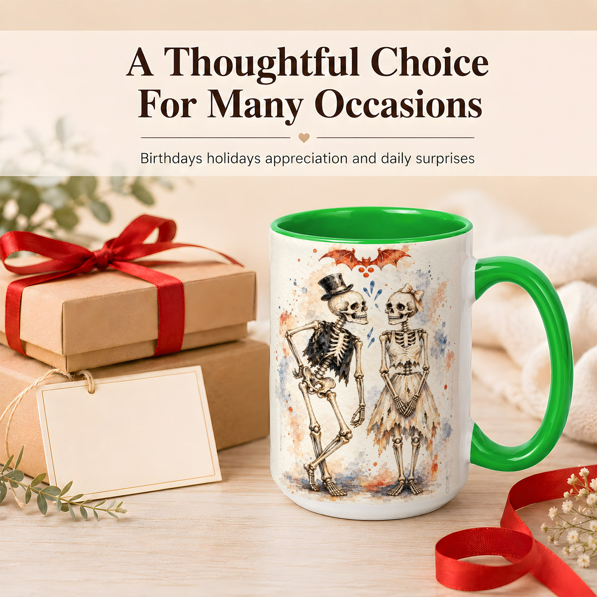 #pl[15oz|Green] Skeleton Couple Coffee Mug, Watercolor Gothic Mug, Ceramic Cup
