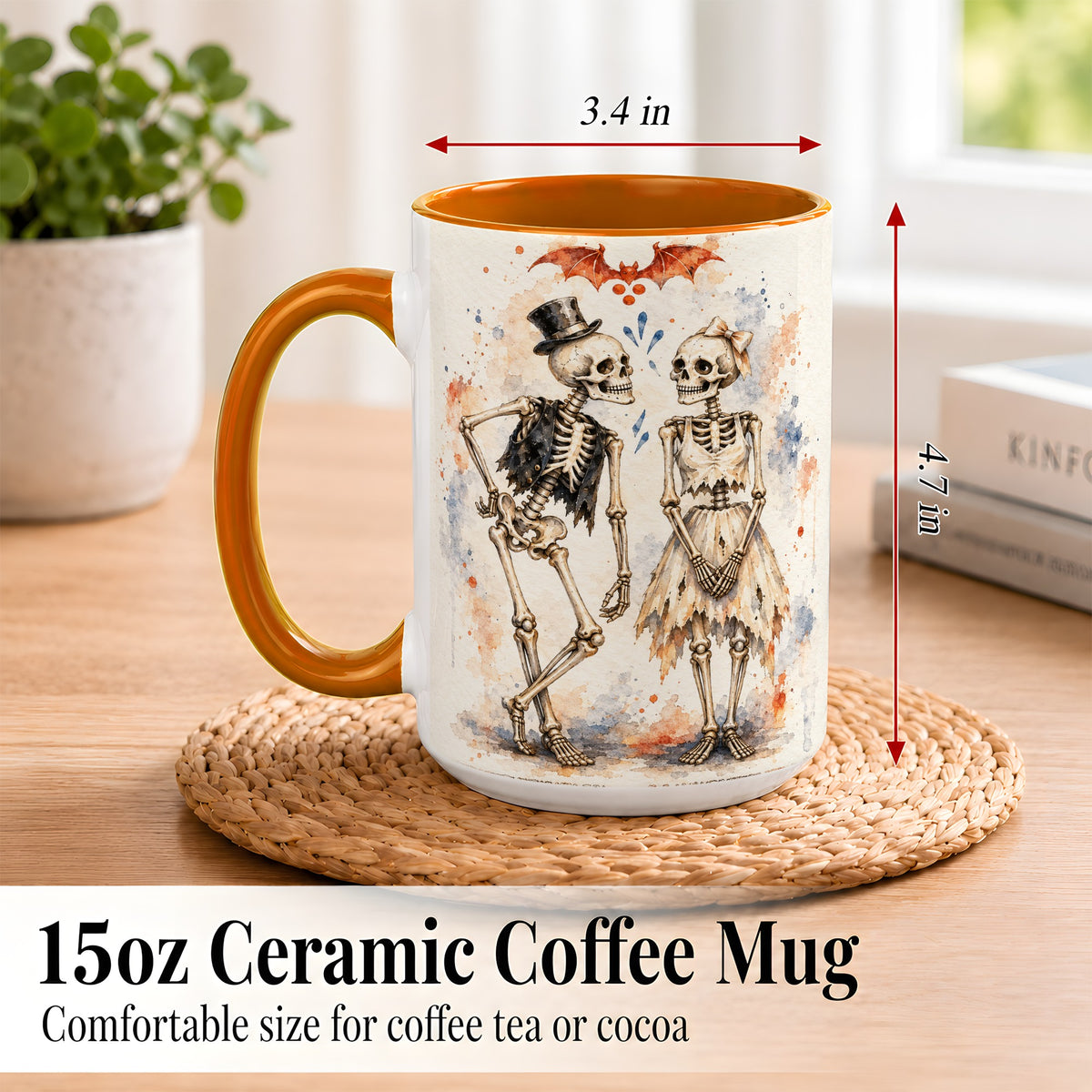 #pl[15oz|Orange] Skeleton Couple Coffee Mug, Watercolor Gothic Mug, Ceramic Cup