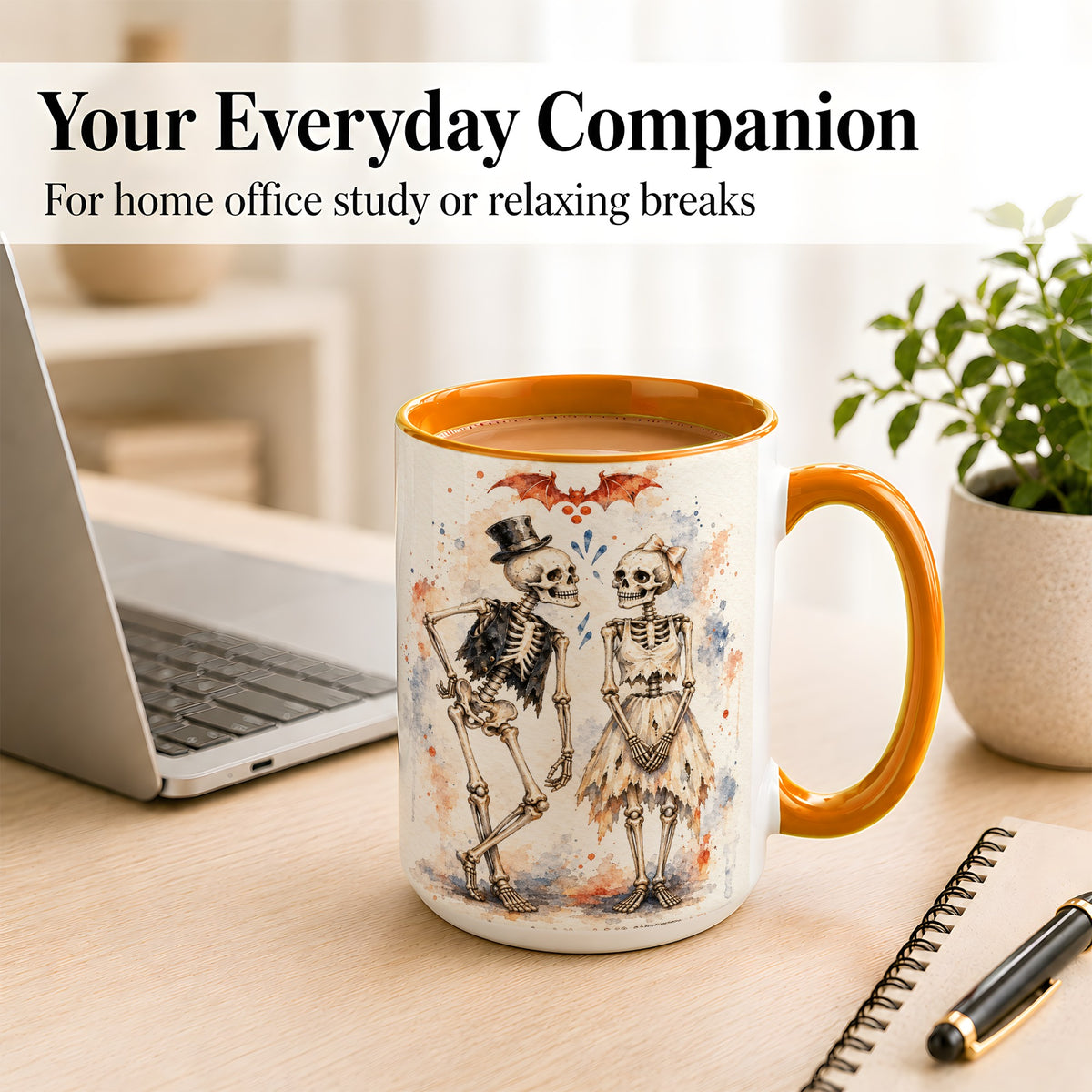 #pl[15oz|Orange] Skeleton Couple Coffee Mug, Watercolor Gothic Mug, Ceramic Cup