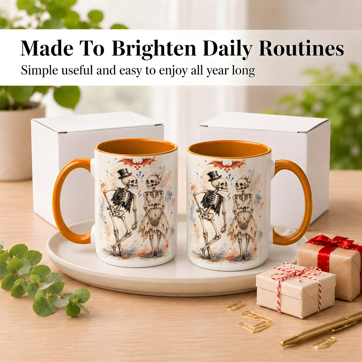 #pl[15oz|Orange] Skeleton Couple Coffee Mug, Watercolor Gothic Mug, Ceramic Cup