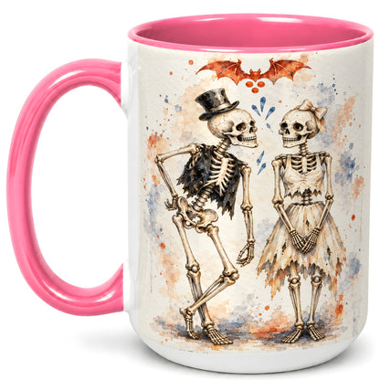 #pl[15oz|Pink] Skeleton Couple Coffee Mug, Watercolor Gothic Mug, Ceramic Cup