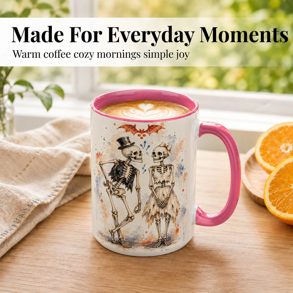 #pl[15oz|Pink] Skeleton Couple Coffee Mug, Watercolor Gothic Mug, Ceramic Cup
