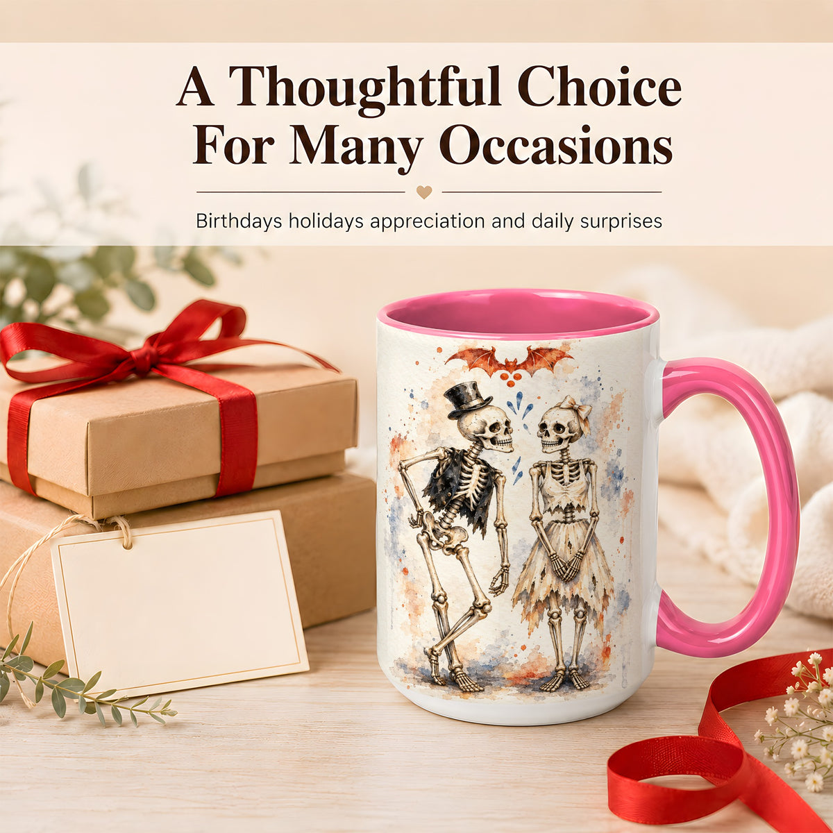 #pl[15oz|Pink] Skeleton Couple Coffee Mug, Watercolor Gothic Mug, Ceramic Cup