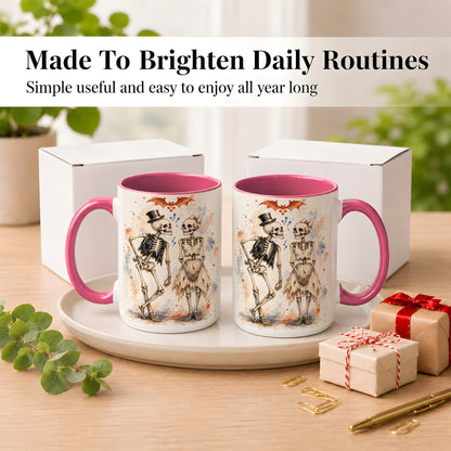 #pl[15oz|Pink] Skeleton Couple Coffee Mug, Watercolor Gothic Mug, Ceramic Cup