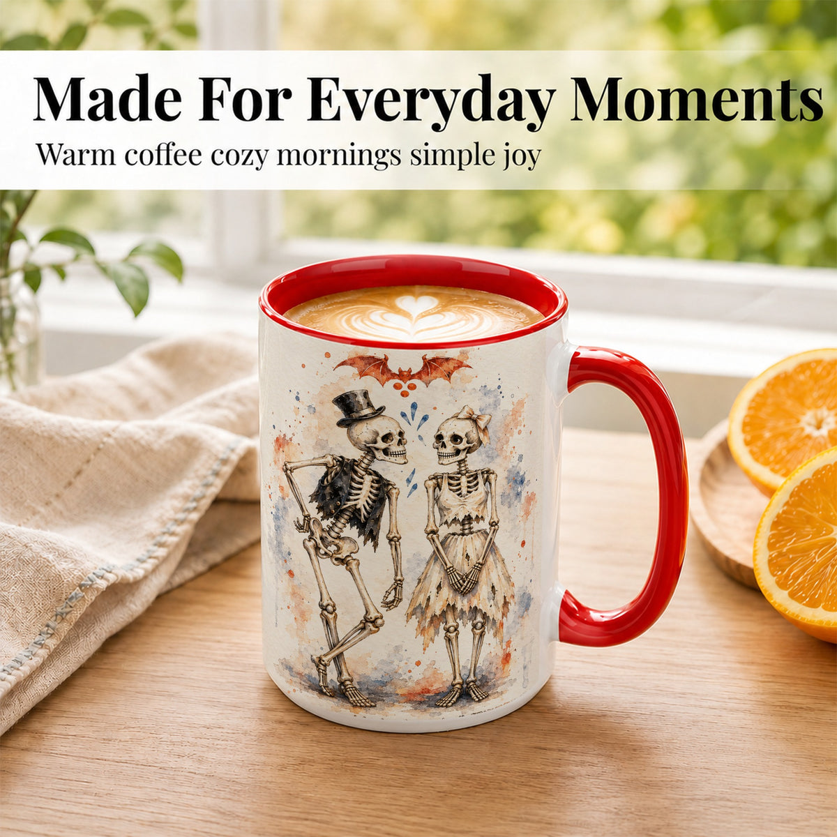 #pl[15oz|Red] Skeleton Couple Coffee Mug, Watercolor Gothic Mug, Ceramic Cup