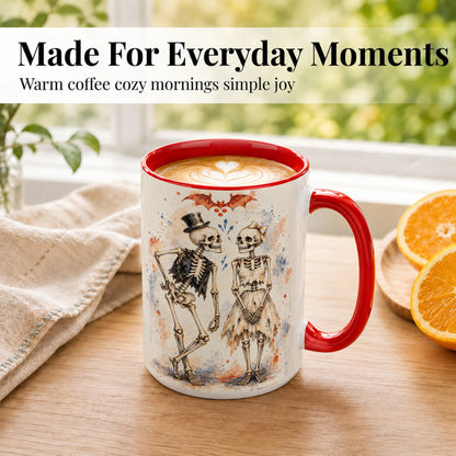 #pl[15oz|Red] Skeleton Couple Coffee Mug, Watercolor Gothic Mug, Ceramic Cup