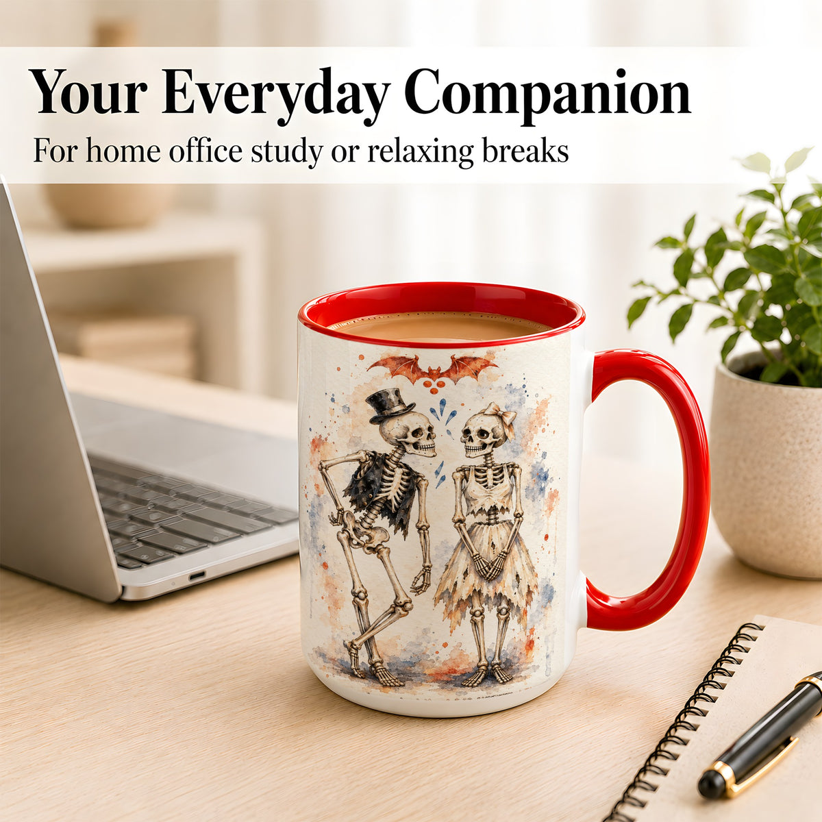 #pl[15oz|Red] Skeleton Couple Coffee Mug, Watercolor Gothic Mug, Ceramic Cup