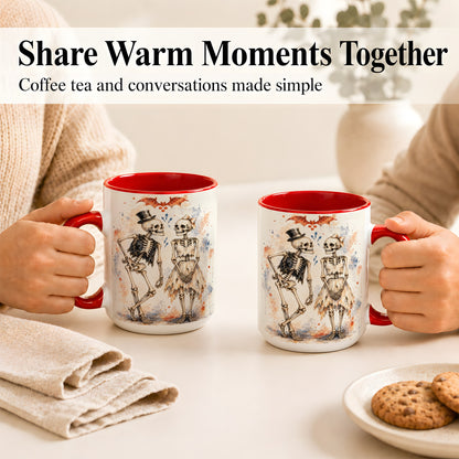 #pl[15oz|Red] Skeleton Couple Coffee Mug, Watercolor Gothic Mug, Ceramic Cup
