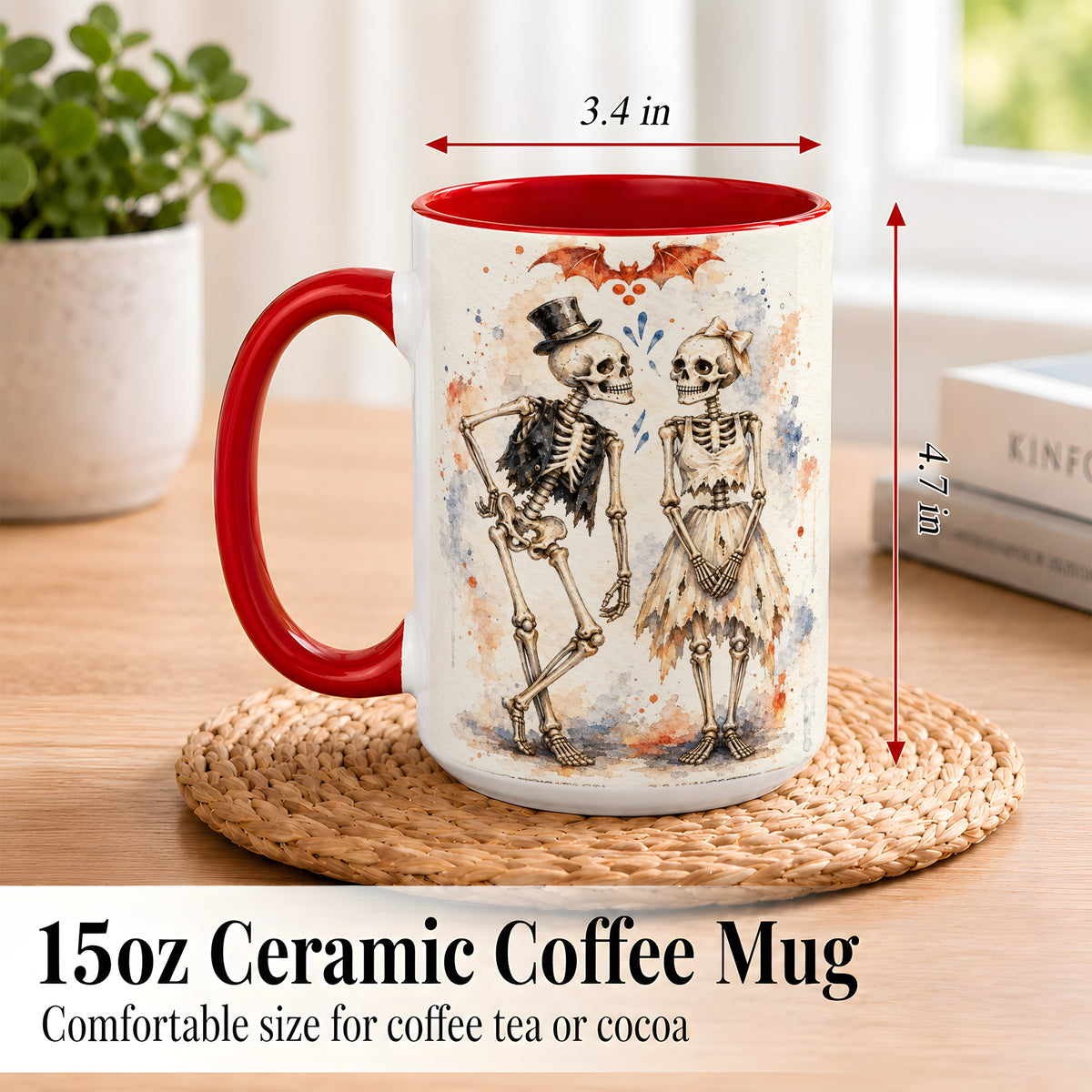 #pl[15oz|Red] Skeleton Couple Coffee Mug, Watercolor Gothic Mug, Ceramic Cup