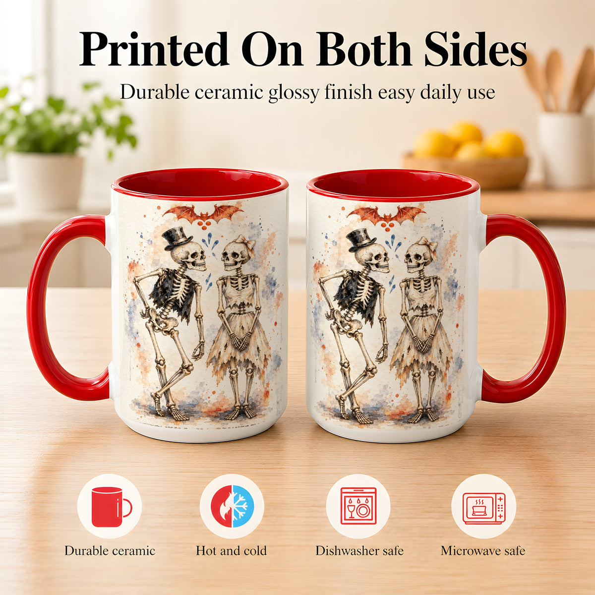 #pl[15oz|Red] Skeleton Couple Coffee Mug, Watercolor Gothic Mug, Ceramic Cup