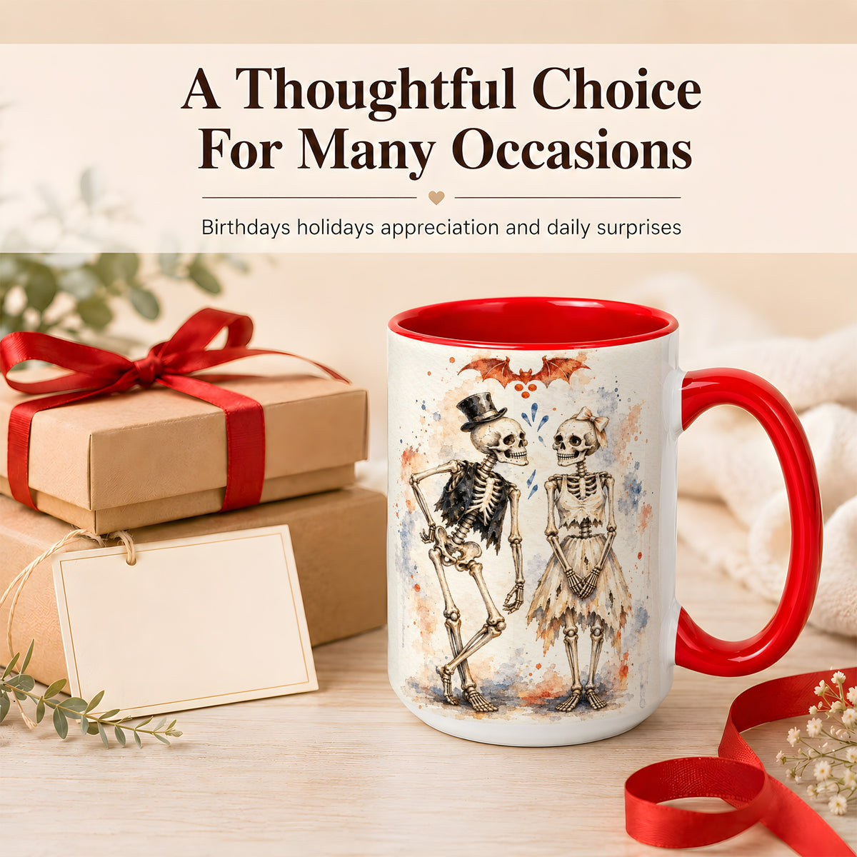 #pl[15oz|Red] Skeleton Couple Coffee Mug, Watercolor Gothic Mug, Ceramic Cup