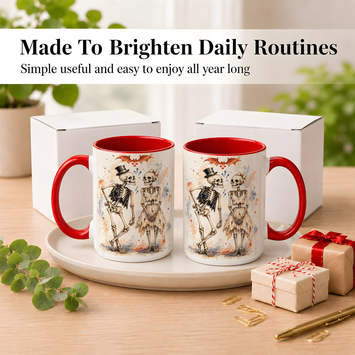 #pl[15oz|Red] Skeleton Couple Coffee Mug, Watercolor Gothic Mug, Ceramic Cup