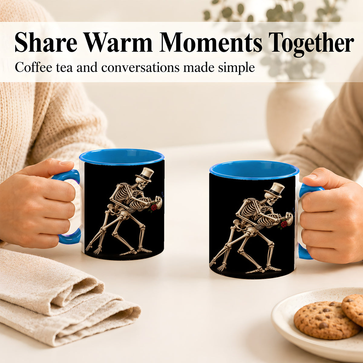 #pl[11oz|Blue] Dancing Skeleton Coffee Mug, Gothic Romance Mug, Ceramic Cup