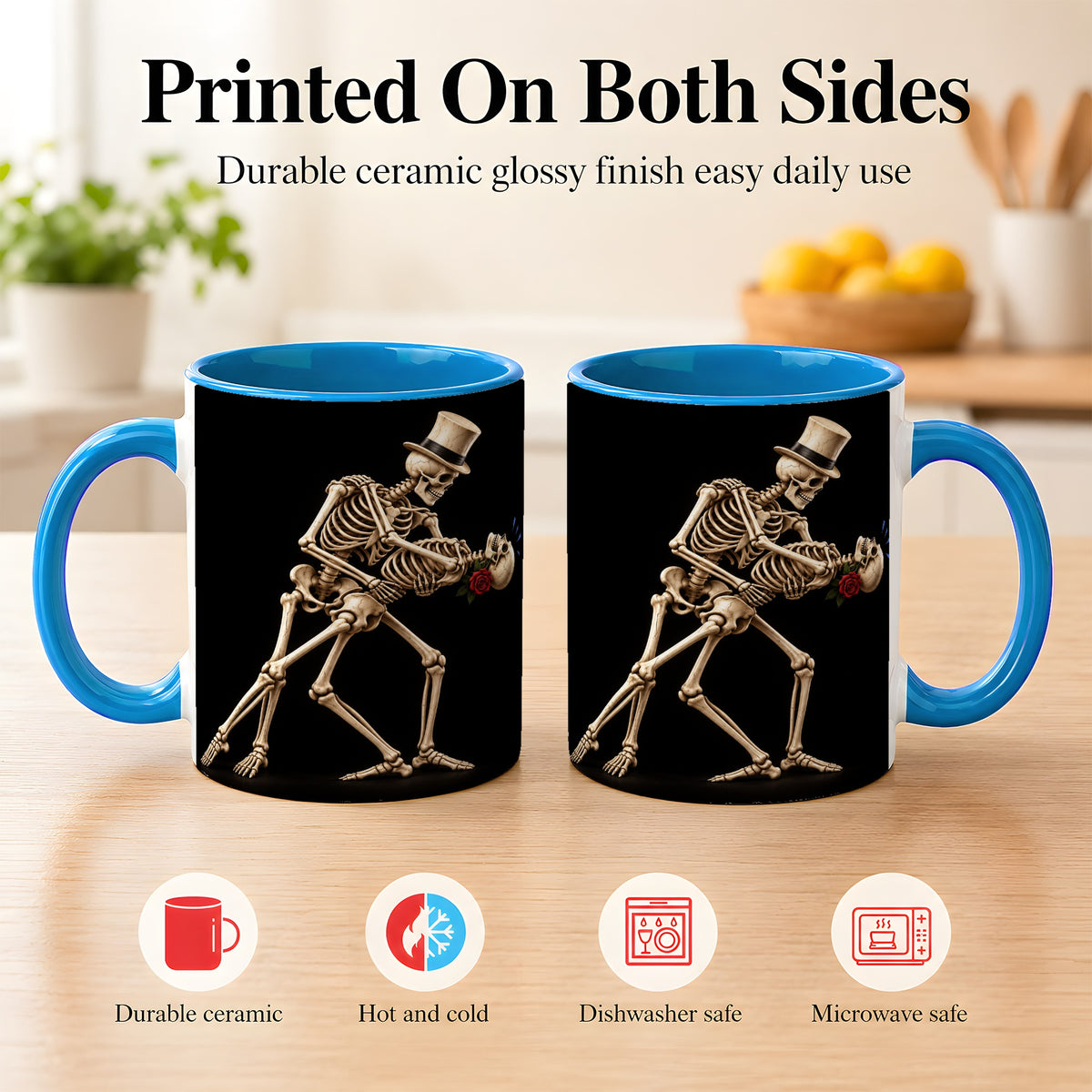 #pl[11oz|Blue] Dancing Skeleton Coffee Mug, Gothic Romance Mug, Ceramic Cup