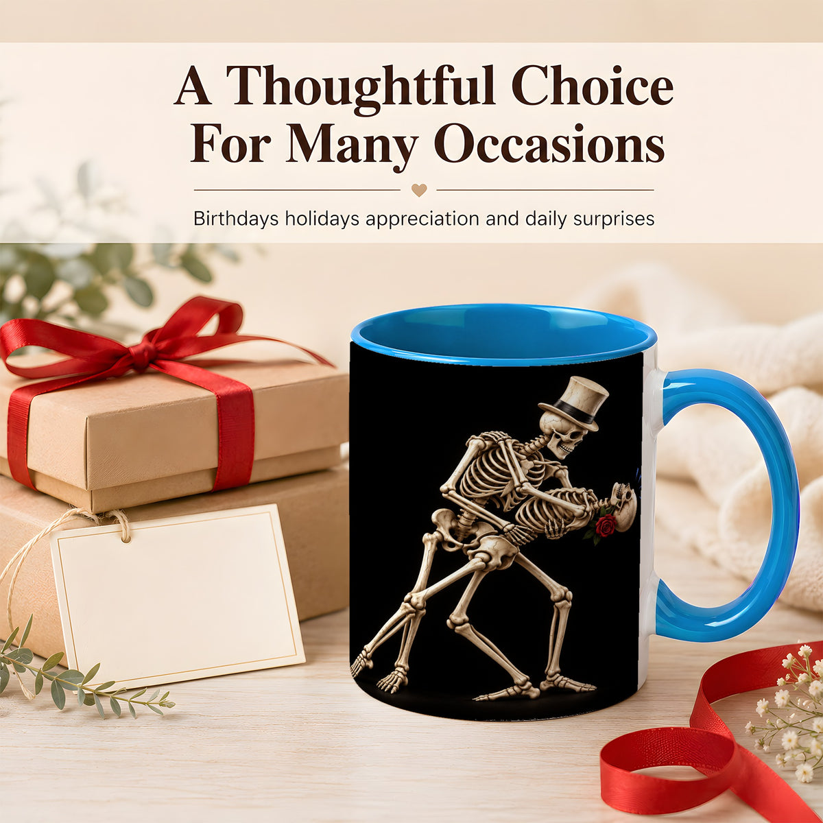 #pl[11oz|Blue] Dancing Skeleton Coffee Mug, Gothic Romance Mug, Ceramic Cup