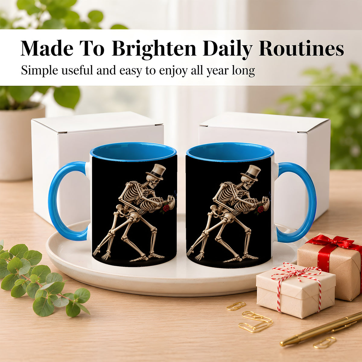 #pl[11oz|Blue] Dancing Skeleton Coffee Mug, Gothic Romance Mug, Ceramic Cup