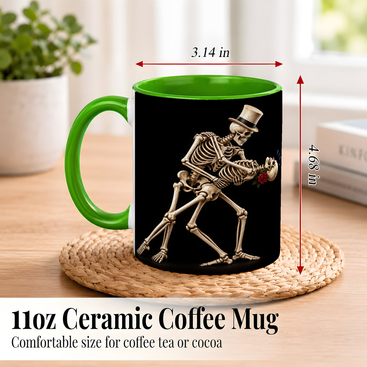 #pl[11oz|Green] Dancing Skeleton Coffee Mug, Gothic Romance Mug, Ceramic Cup
