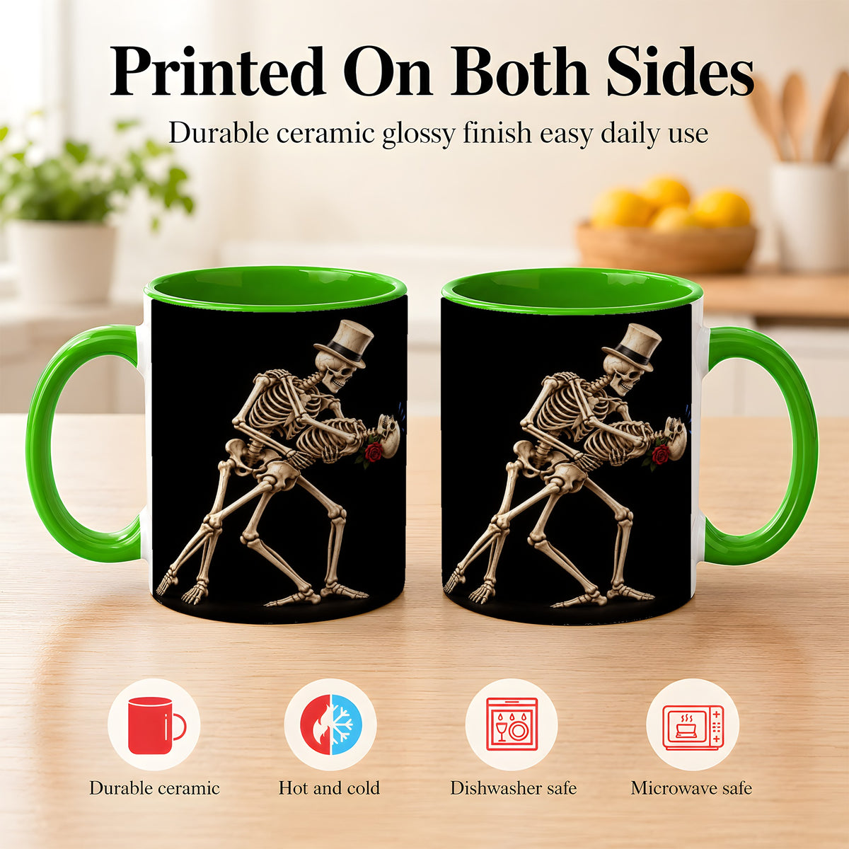 #pl[11oz|Green] Dancing Skeleton Coffee Mug, Gothic Romance Mug, Ceramic Cup