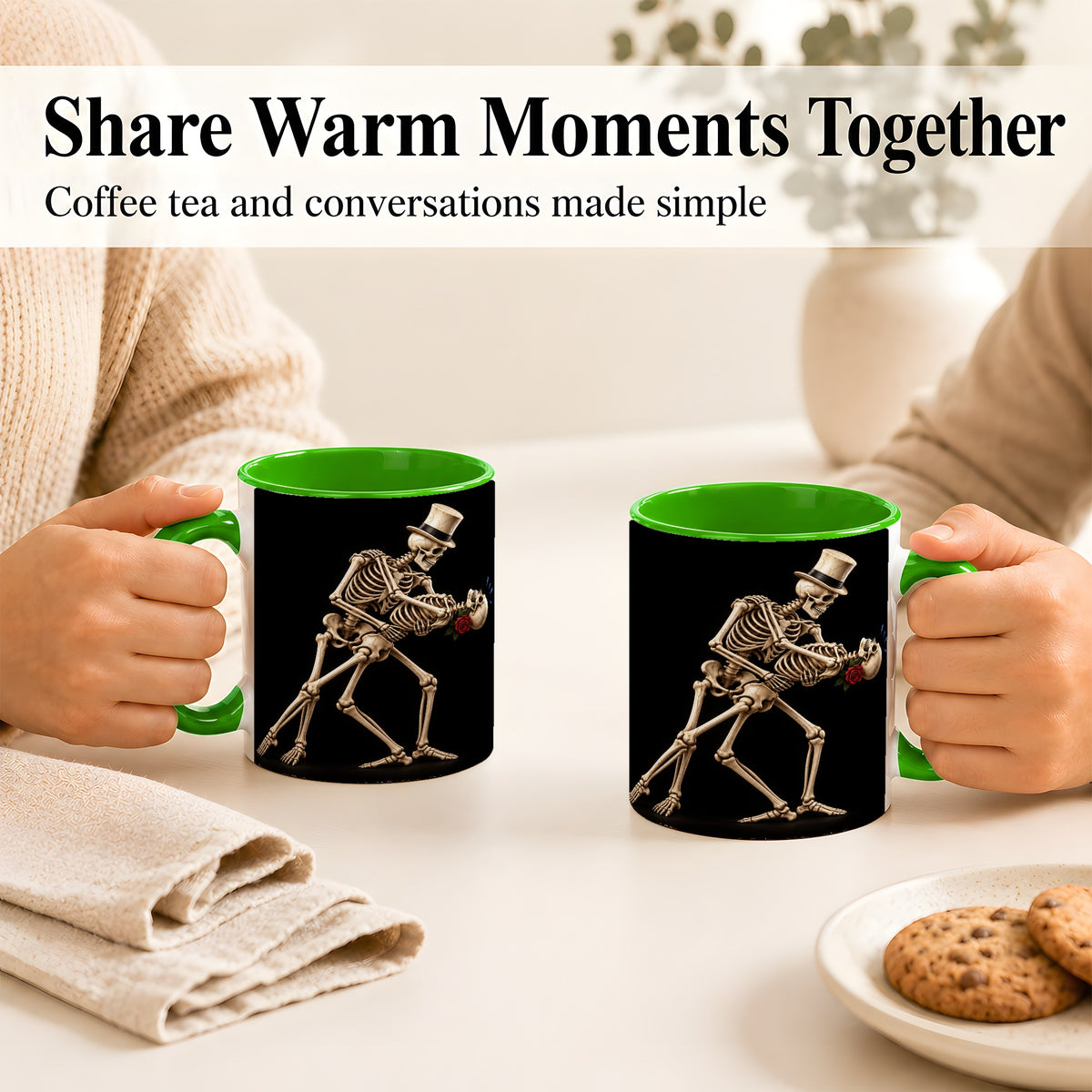#pl[11oz|Green] Dancing Skeleton Coffee Mug, Gothic Romance Mug, Ceramic Cup