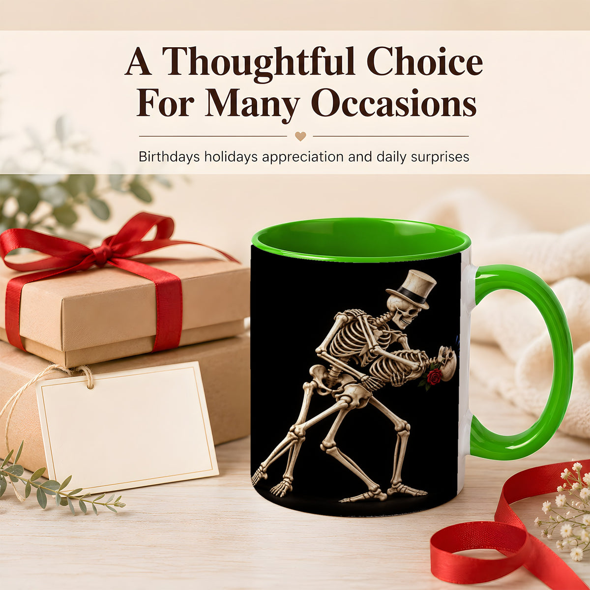 #pl[11oz|Green] Dancing Skeleton Coffee Mug, Gothic Romance Mug, Ceramic Cup