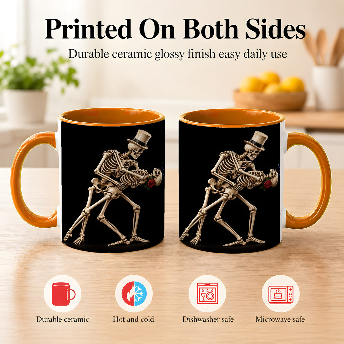 #pl[11oz|Orange] Dancing Skeleton Coffee Mug, Gothic Romance Mug, Ceramic Cup