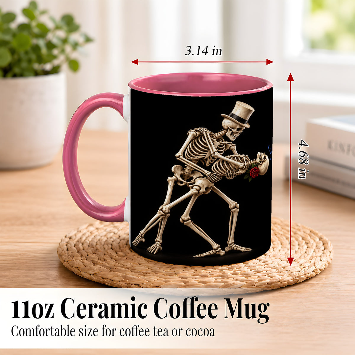 #pl[11oz|Pink] Dancing Skeleton Coffee Mug, Gothic Romance Mug, Ceramic Cup