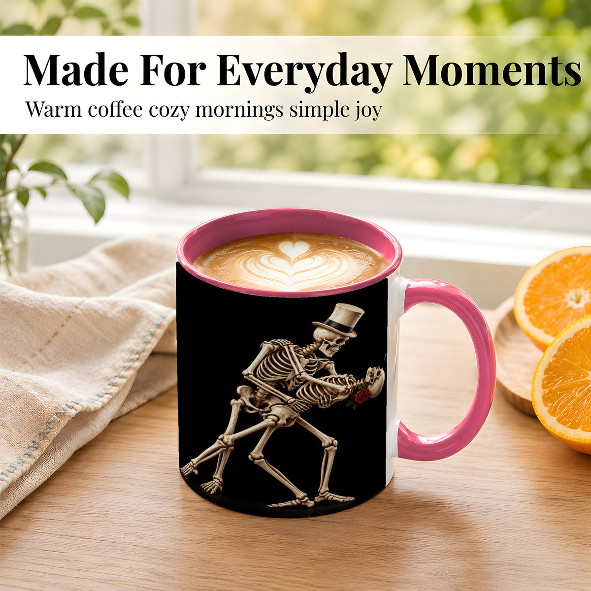 #pl[11oz|Pink] Dancing Skeleton Coffee Mug, Gothic Romance Mug, Ceramic Cup