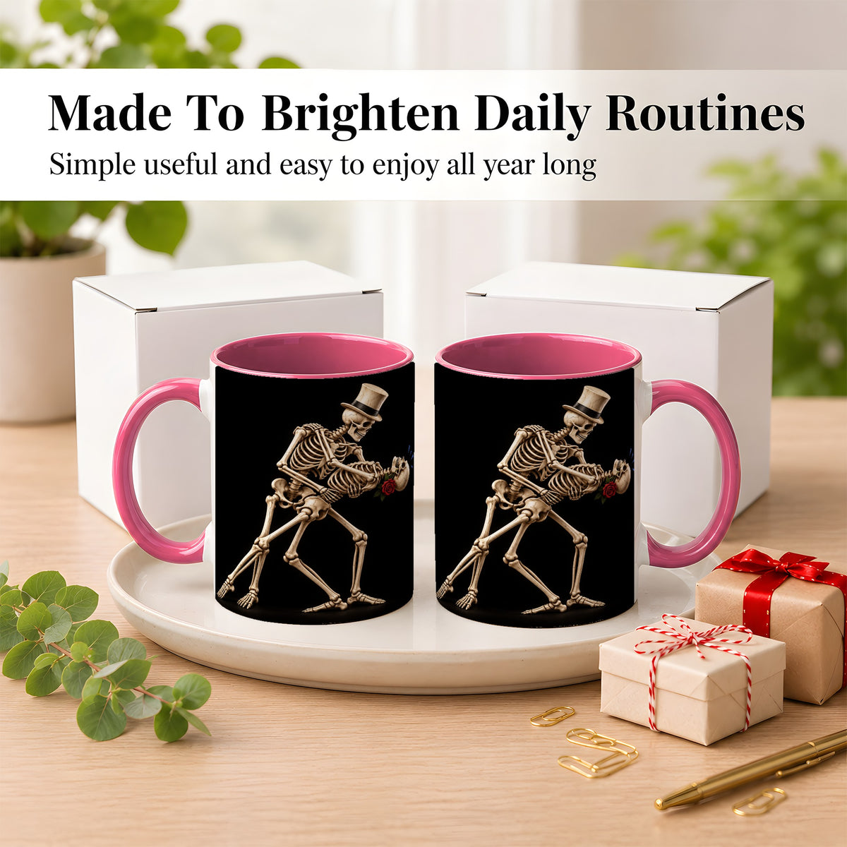 #pl[11oz|Pink] Dancing Skeleton Coffee Mug, Gothic Romance Mug, Ceramic Cup