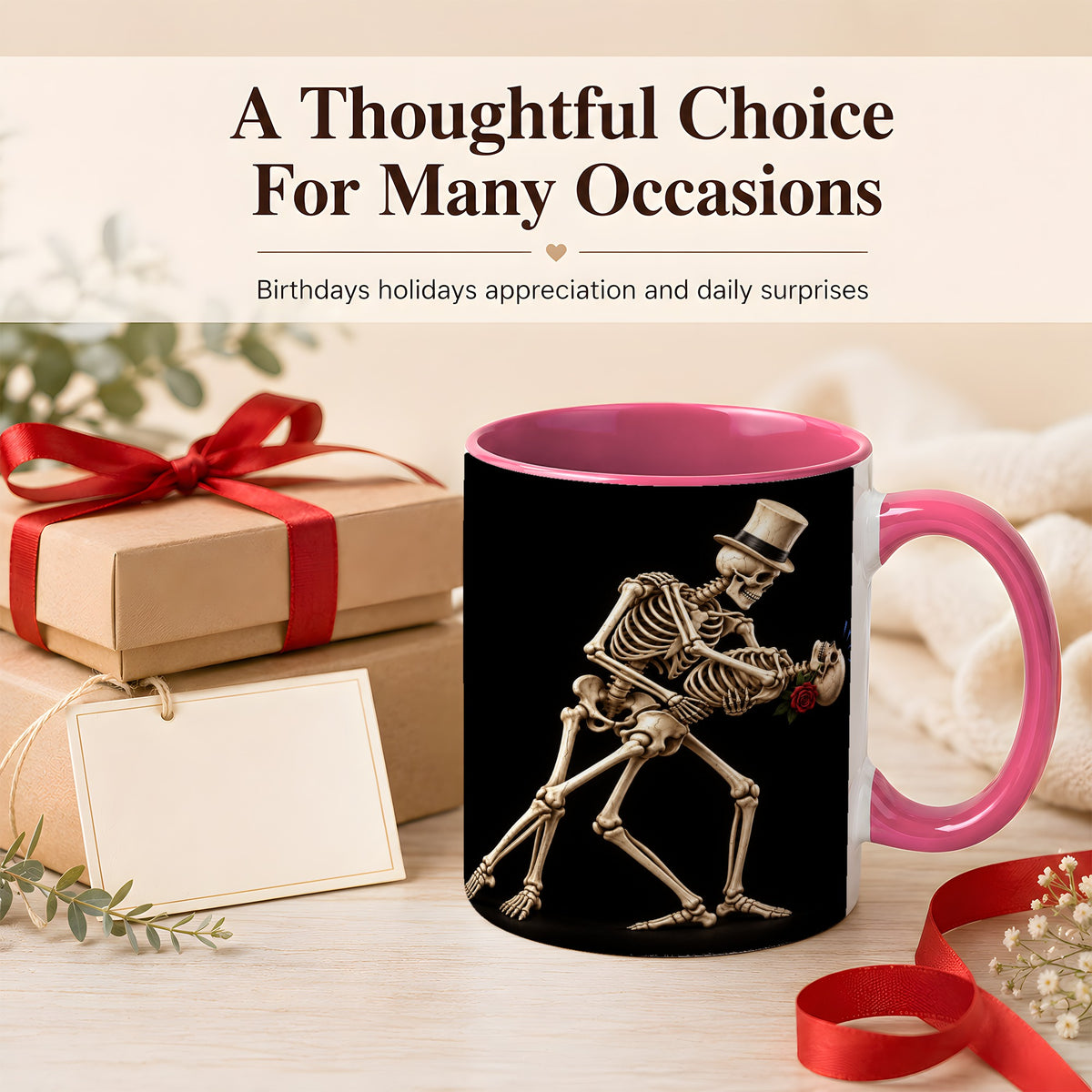 #pl[11oz|Pink] Dancing Skeleton Coffee Mug, Gothic Romance Mug, Ceramic Cup