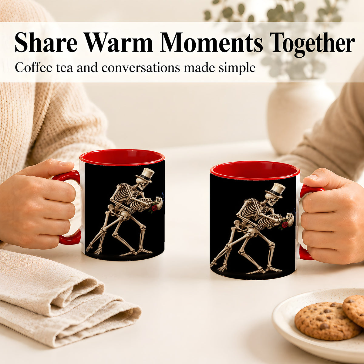#pl[11oz|Red] Dancing Skeleton Coffee Mug, Gothic Romance Mug, Ceramic Cup
