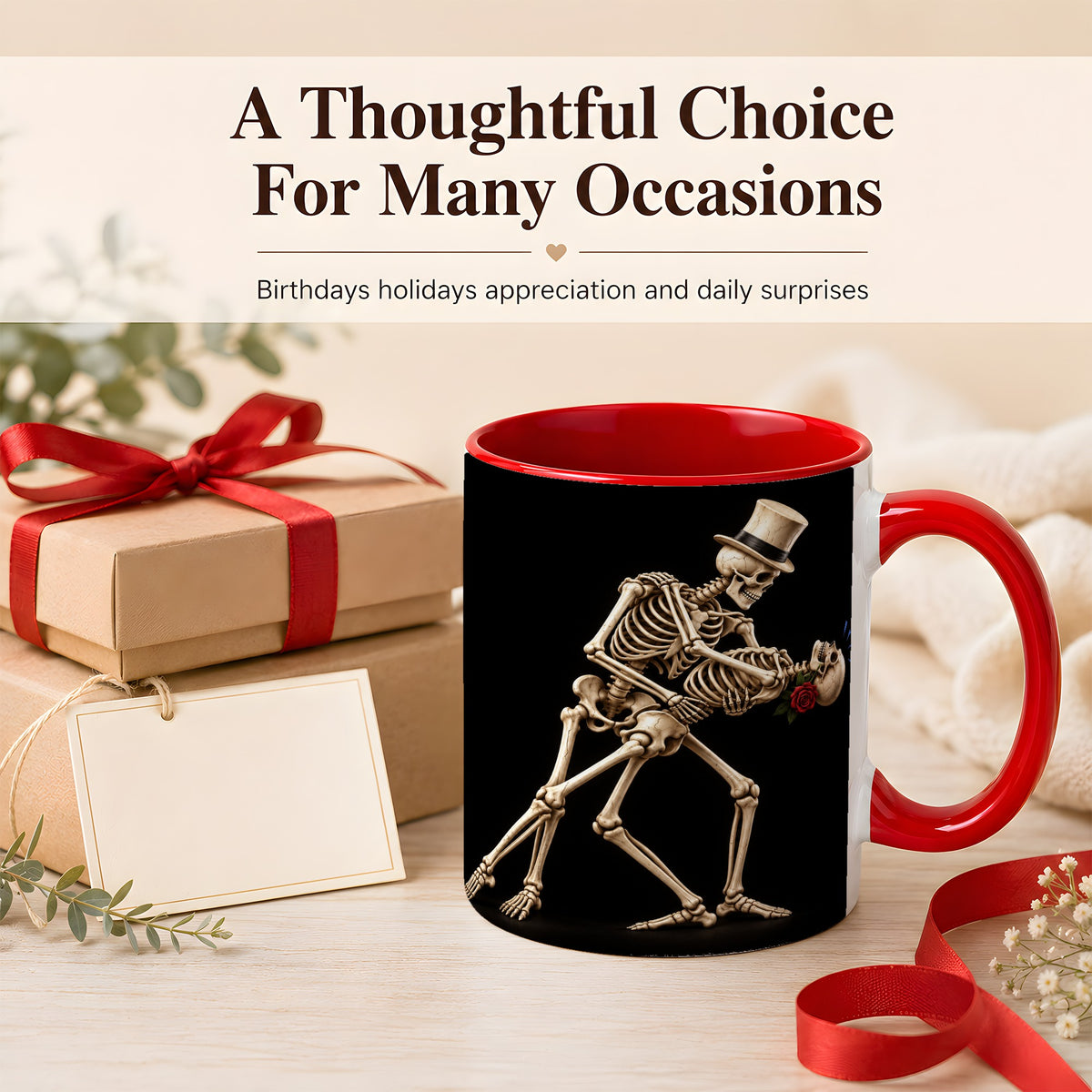 #pl[11oz|Red] Dancing Skeleton Coffee Mug, Gothic Romance Mug, Ceramic Cup