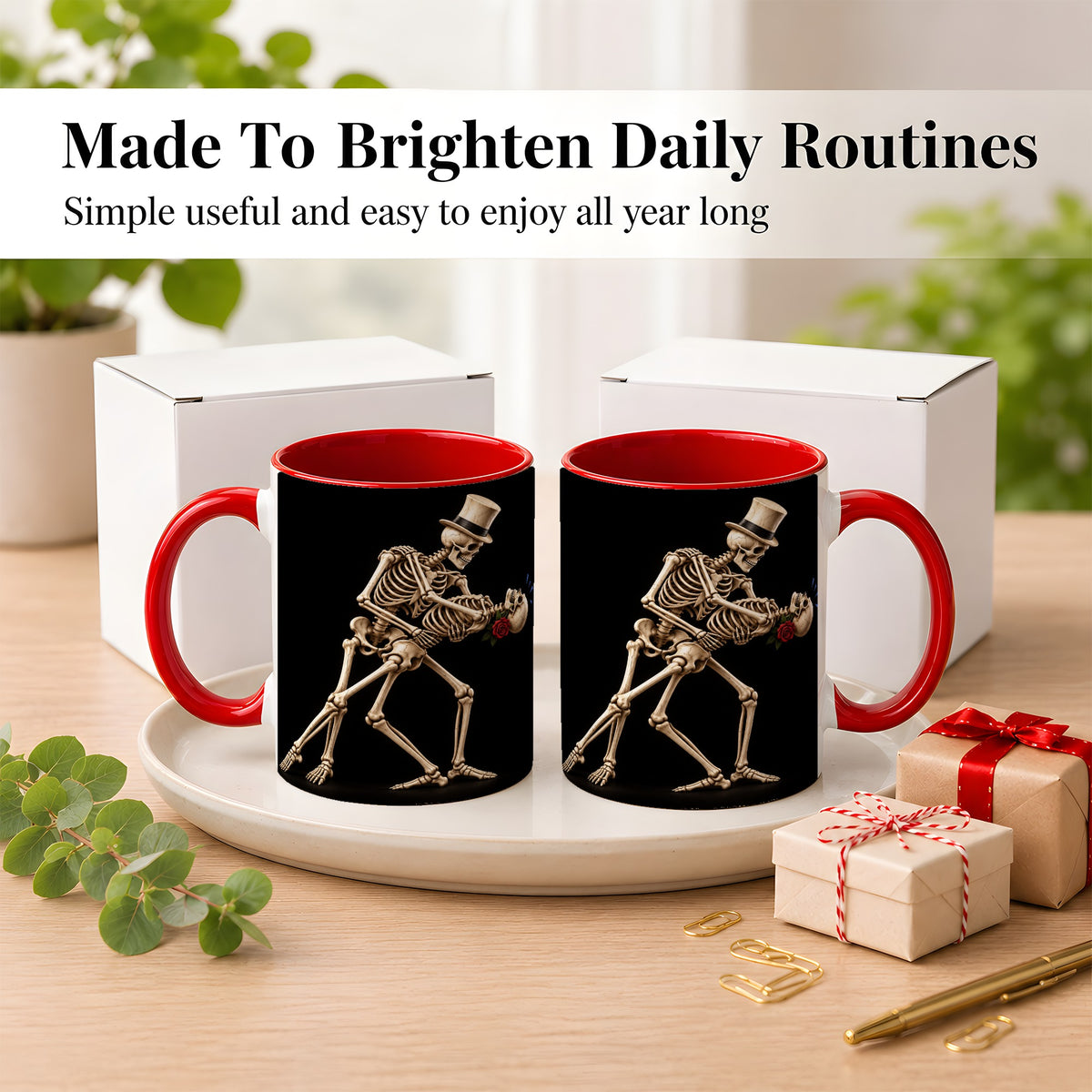 #pl[11oz|Red] Dancing Skeleton Coffee Mug, Gothic Romance Mug, Ceramic Cup