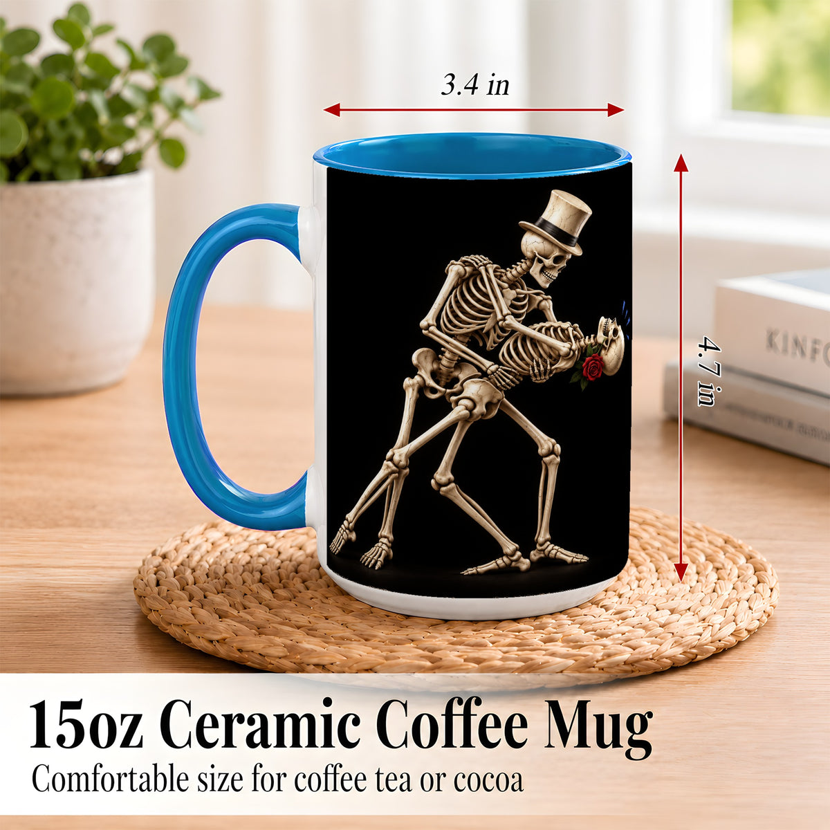 #pl[15oz|Blue] Dancing Skeleton Coffee Mug, Gothic Romance Mug, Ceramic Cup