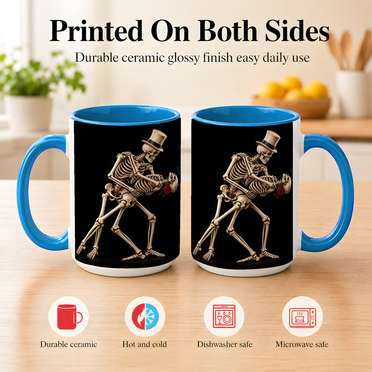 #pl[15oz|Blue] Dancing Skeleton Coffee Mug, Gothic Romance Mug, Ceramic Cup