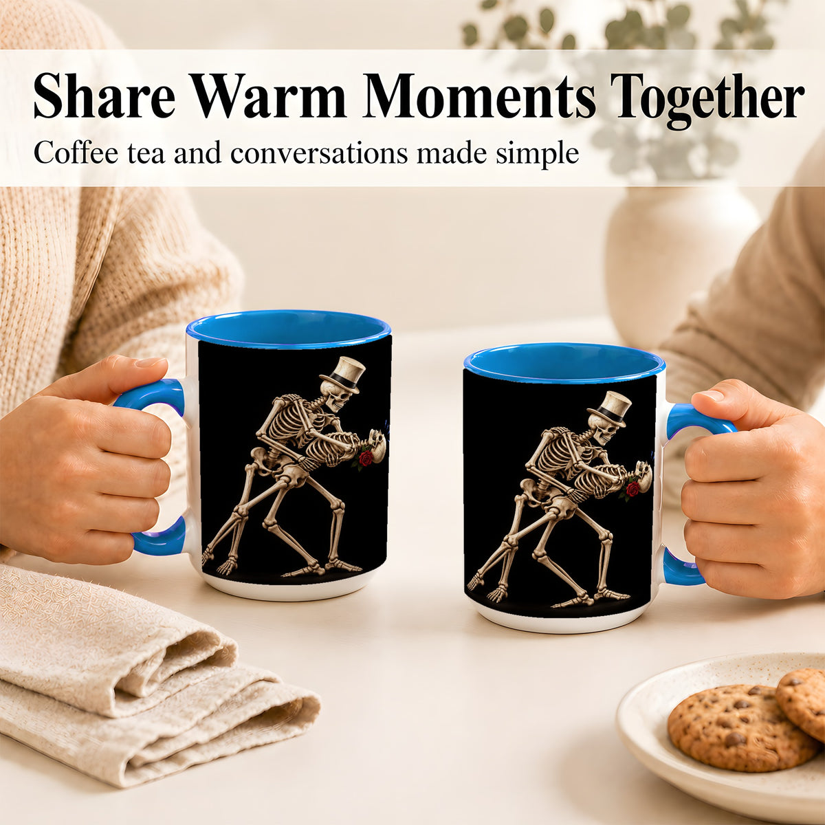 #pl[15oz|Blue] Dancing Skeleton Coffee Mug, Gothic Romance Mug, Ceramic Cup