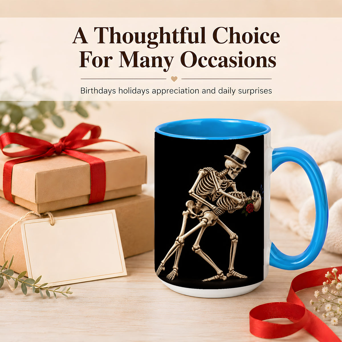 #pl[15oz|Blue] Dancing Skeleton Coffee Mug, Gothic Romance Mug, Ceramic Cup