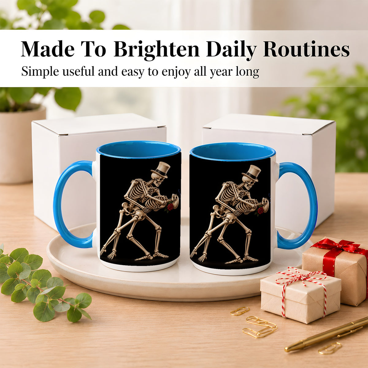 #pl[15oz|Blue] Dancing Skeleton Coffee Mug, Gothic Romance Mug, Ceramic Cup