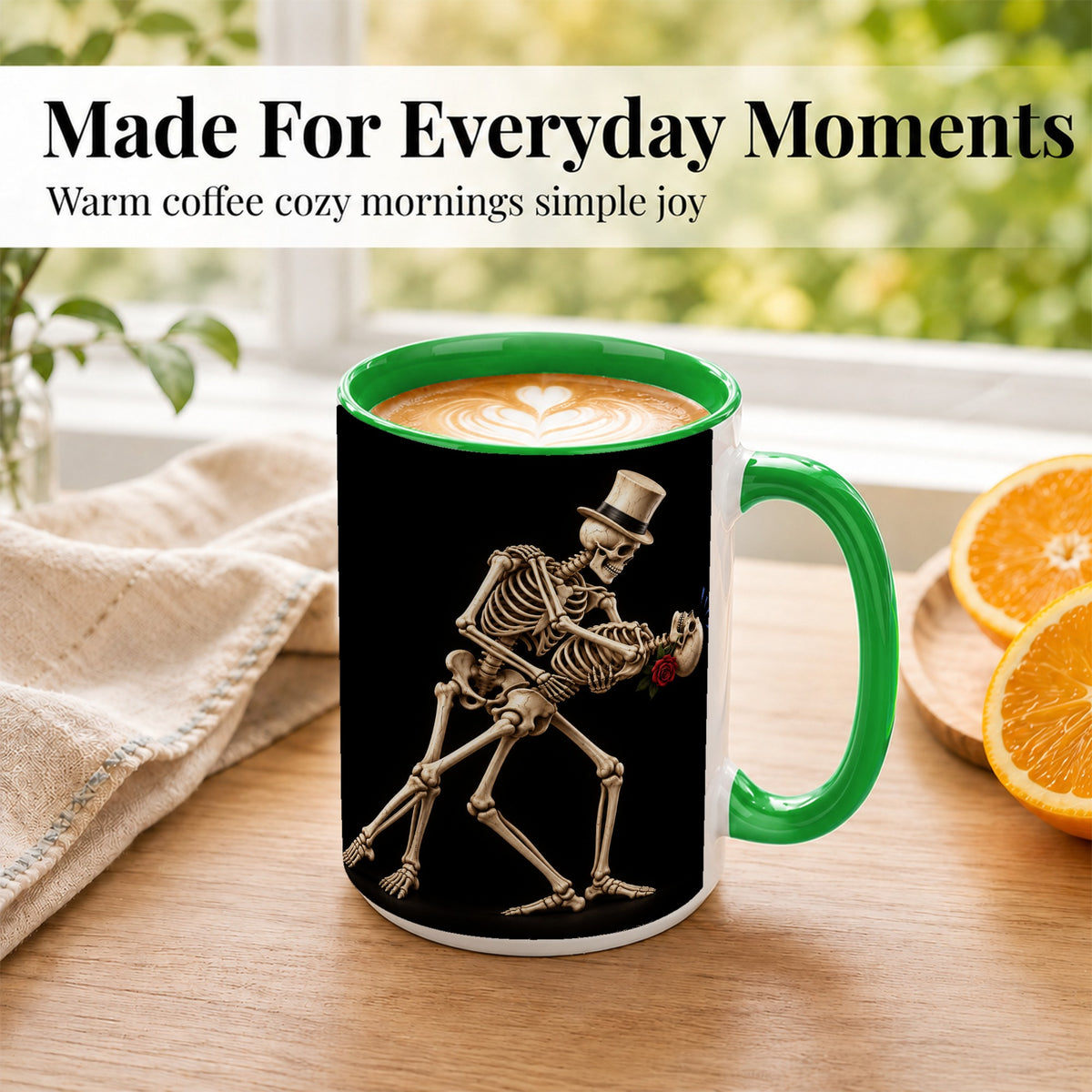 #pl[15oz|Green] Dancing Skeleton Coffee Mug, Gothic Romance Mug, Ceramic Cup