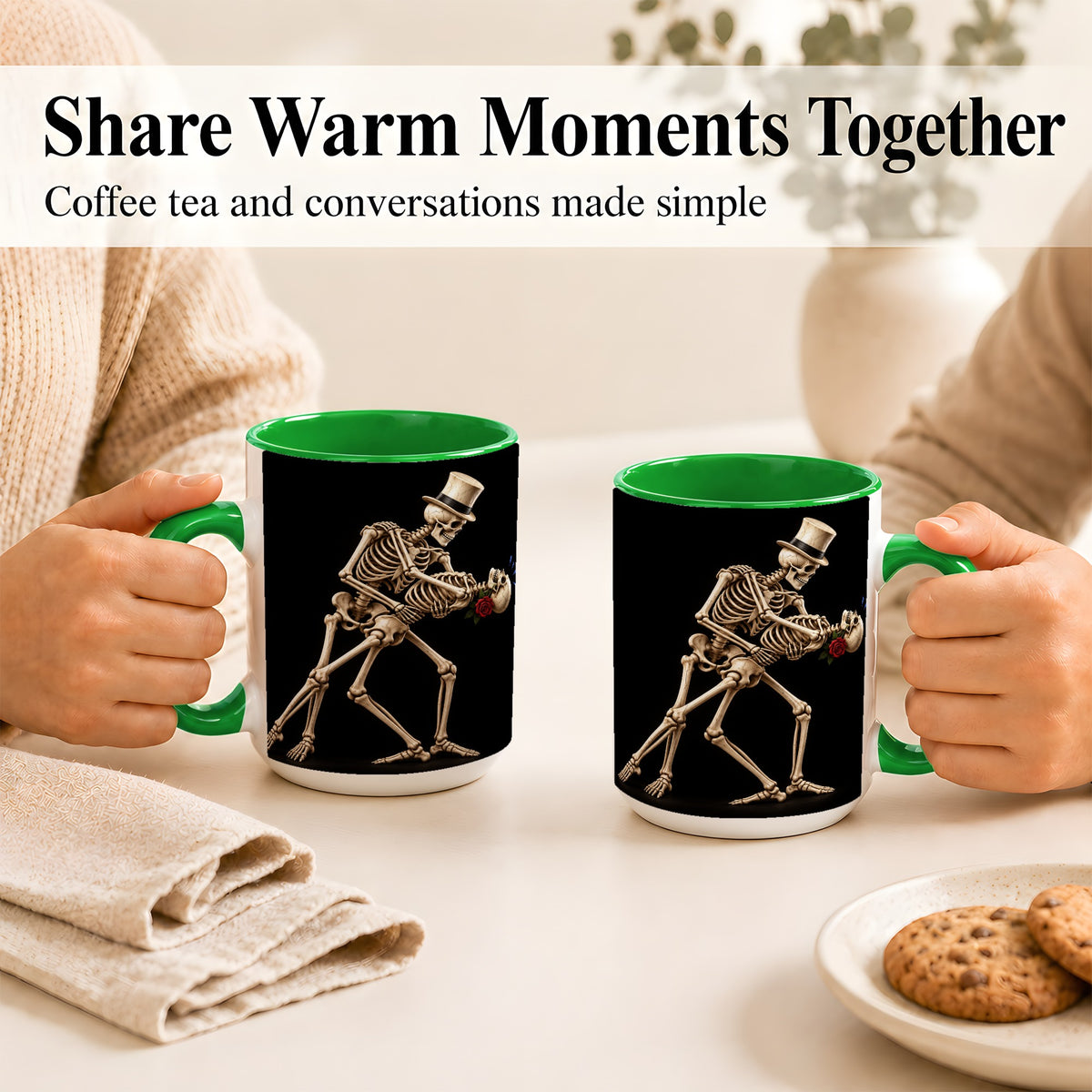 #pl[15oz|Green] Dancing Skeleton Coffee Mug, Gothic Romance Mug, Ceramic Cup