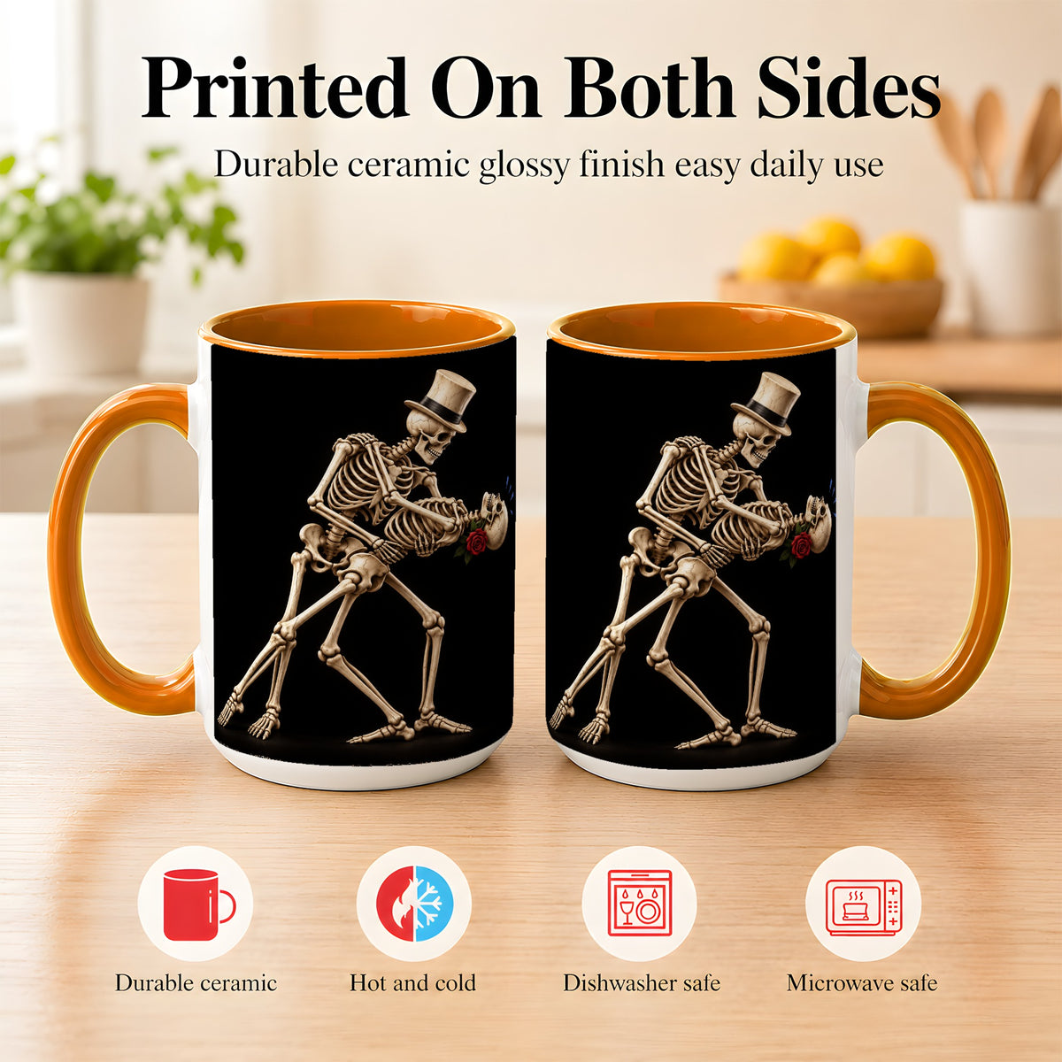 #pl[15oz|Orange] Dancing Skeleton Coffee Mug, Gothic Romance Mug, Ceramic Cup