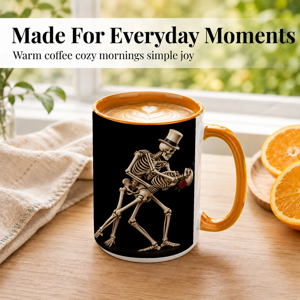 #pl[15oz|Orange] Dancing Skeleton Coffee Mug, Gothic Romance Mug, Ceramic Cup