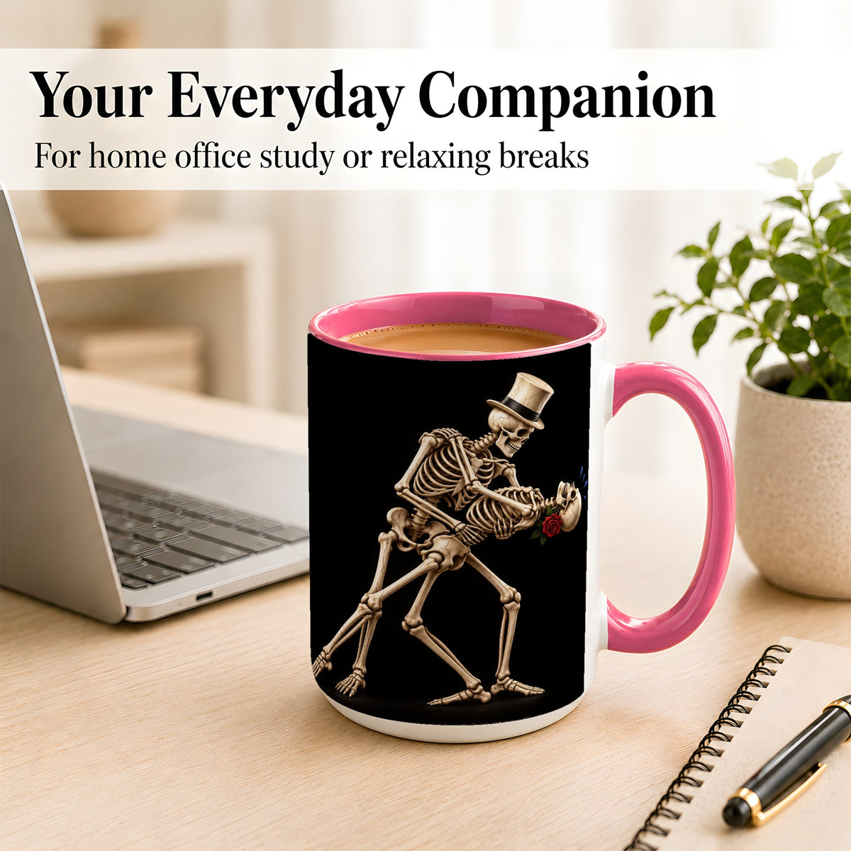 #pl[15oz|Pink] Dancing Skeleton Coffee Mug, Gothic Romance Mug, Ceramic Cup