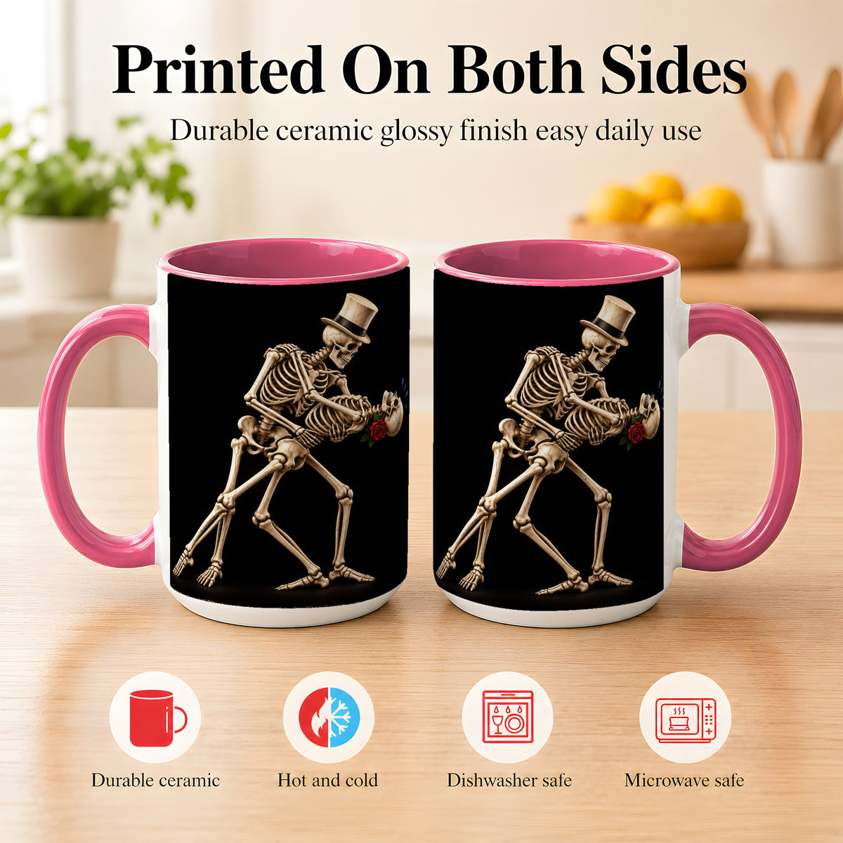 #pl[15oz|Pink] Dancing Skeleton Coffee Mug, Gothic Romance Mug, Ceramic Cup