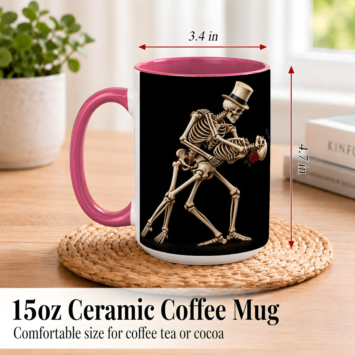 #pl[15oz|Pink] Dancing Skeleton Coffee Mug, Gothic Romance Mug, Ceramic Cup