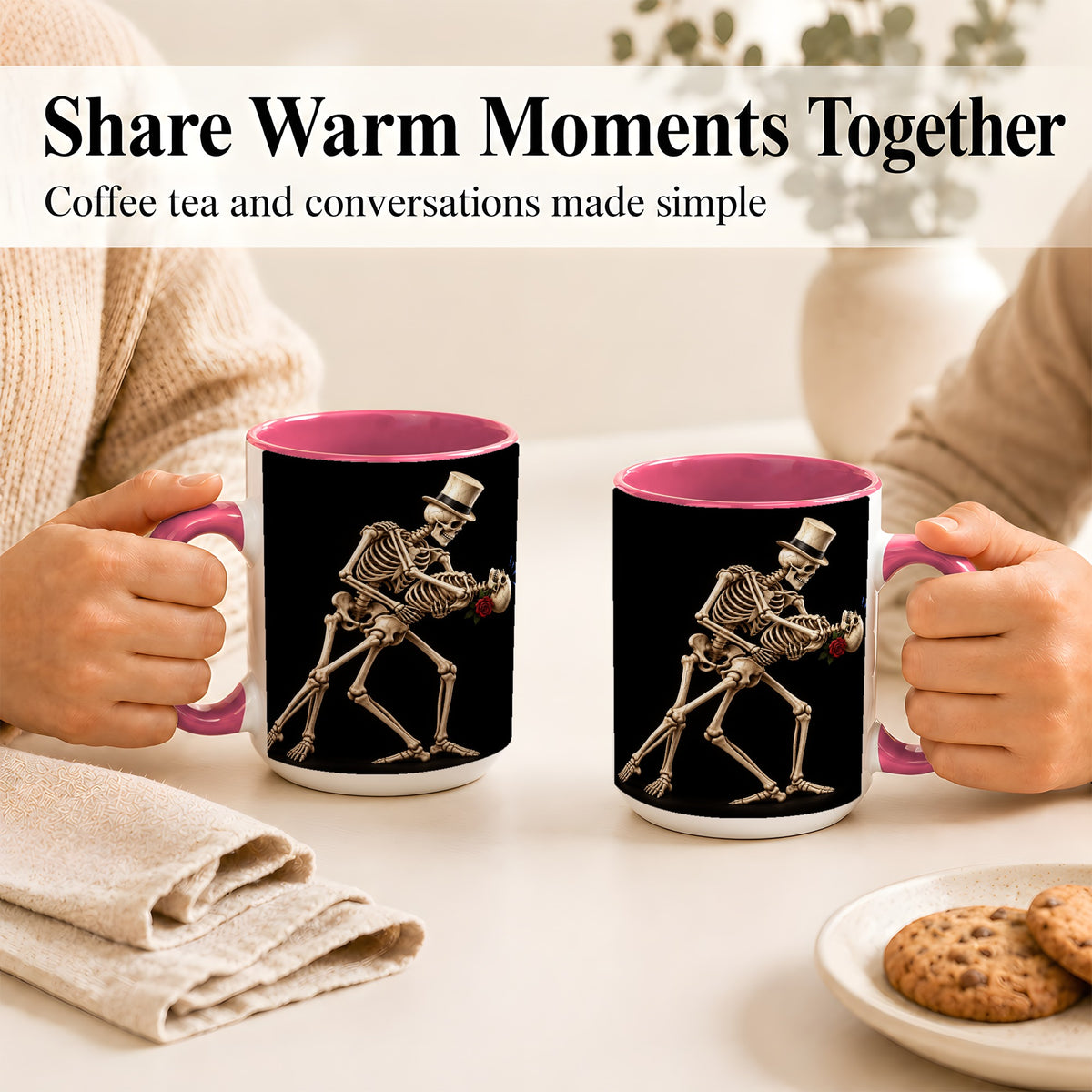 #pl[15oz|Pink] Dancing Skeleton Coffee Mug, Gothic Romance Mug, Ceramic Cup
