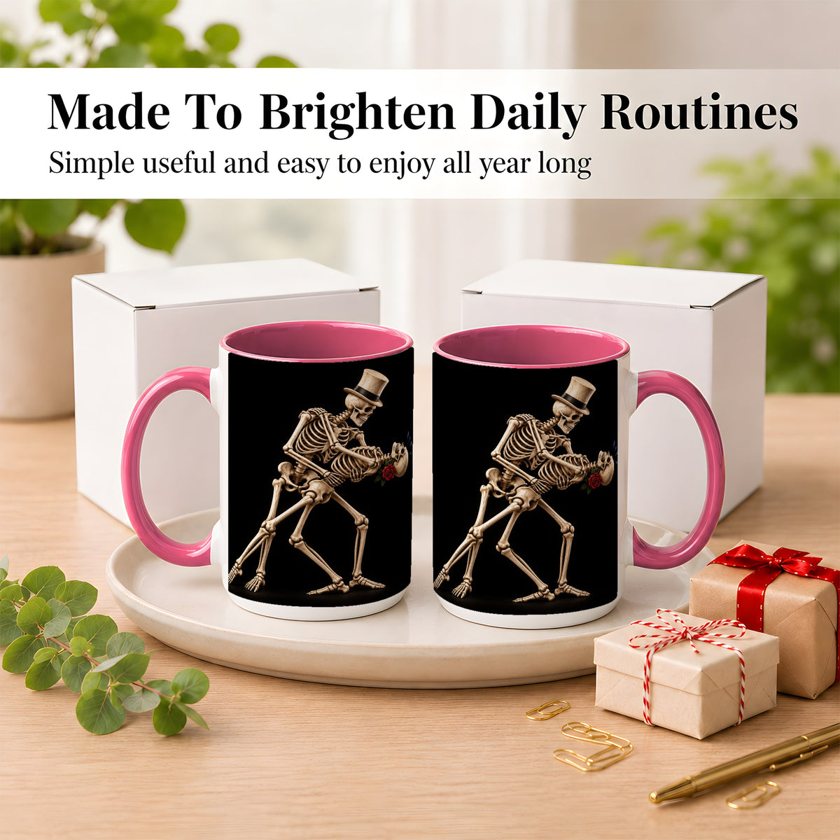 #pl[15oz|Pink] Dancing Skeleton Coffee Mug, Gothic Romance Mug, Ceramic Cup