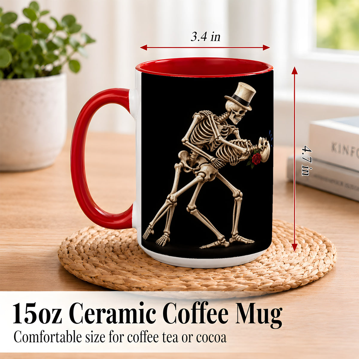 #pl[15oz|Red] Dancing Skeleton Coffee Mug, Gothic Romance Mug, Ceramic Cup