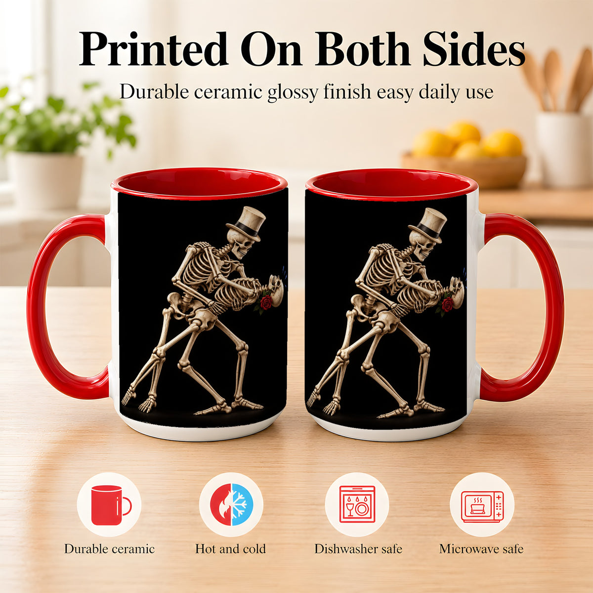 #pl[15oz|Red] Dancing Skeleton Coffee Mug, Gothic Romance Mug, Ceramic Cup